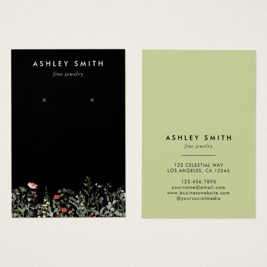 ブラックワイルドフラワー牧草地イヤリング表示カード (正面&裏面)