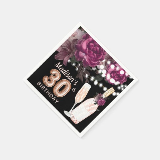 ブラックワインラグジュアリー30歳パーソナライズされた誕生日 スタンダードカクテルナプキン (角)