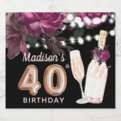 ブラックワインラグジュアリー40歳パーソナライズされた誕生日 スパークリングワインラベル (シングルラベル)