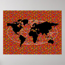 ブラックワールドマップ水玉模様 ポスター