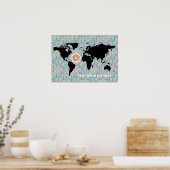 ブラックワールド地図、いかりとコンパスバラ ポスター (キッチン)