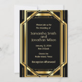 ブラックヴィンテージウェディングの魅力的なアールデコ金ゴールド 招待状 (正面)
