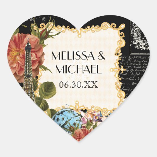 ブラックヴィンテージエッフェルタワーバラお願いギフトラベル ハートシール (正面)