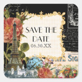 ブラックヴィンテージエッフェルタワーバラ保存日付シール スクエアシール (正面)
