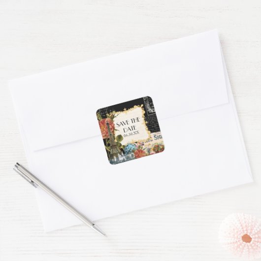 ブラックヴィンテージエッフェルタワーバラ保存日付シール スクエアシール (封筒)