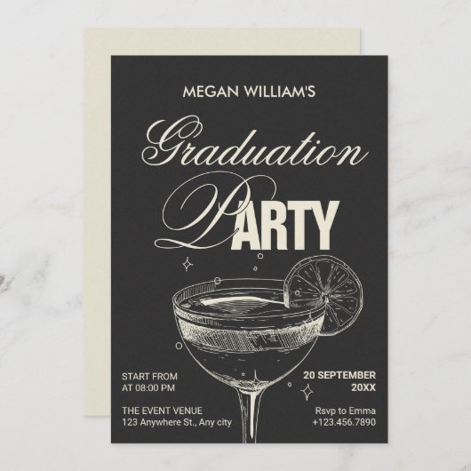 ブラックヴィンテージカクテル卒業パーティー 招待状 (正面/裏面)