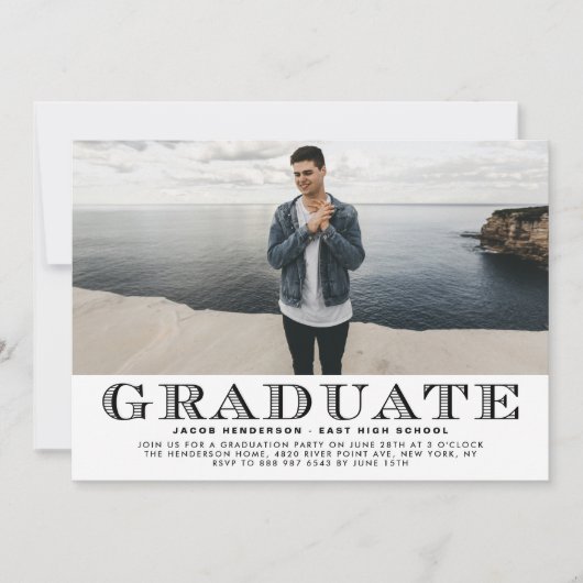 ブラックヴィンテージタイポグラフィ写真卒業パーティー 招待状 (正面)