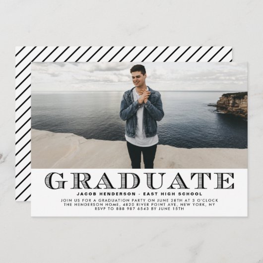 ブラックヴィンテージタイポグラフィ写真卒業パーティー 招待状 (正面/裏面)