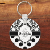 ブラックヴィンテージダマスクキュート水玉模様 キーホルダー (正面)