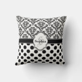 ブラックヴィンテージダマスクキュート水玉模様 クッション (裏面)