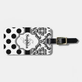 ブラックヴィンテージダマスクキュート水玉模様 ラゲッジタグ (正面横)