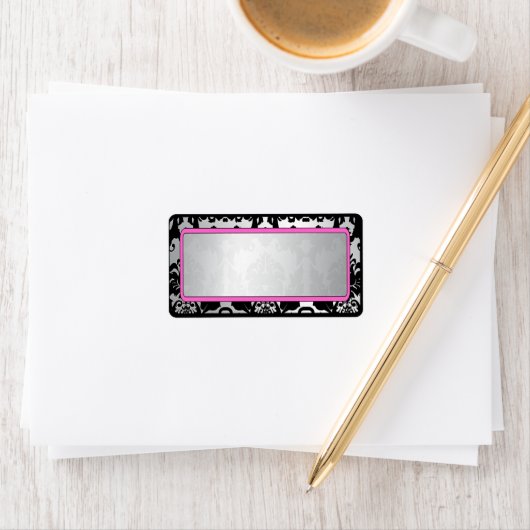 ブラックヴィンテージダマスクピンク&シルバー住所 シール (インサイチュ)