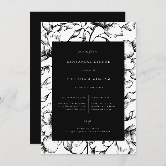 ブラックヴィンテージフローラリハーサルディナー 案内状 (正面/裏面)
