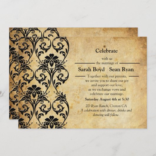 ブラックヴィンテージフローラ旋回結婚式招待状 招待状 (正面/裏面)