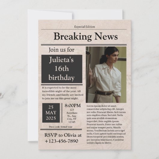 ブラックヴィンテージブレイクニュースフォーマルクラシック 招待状 (正面)