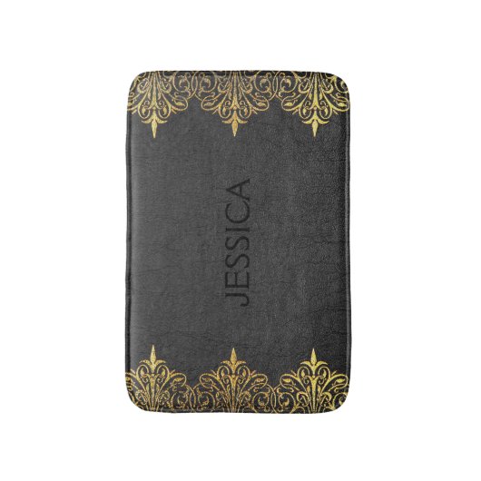 ブラックヴィンテージレザーと金ゴールドフレ渦巻形のーム バスマット (正面縦)
