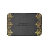 ブラックヴィンテージレザーと金ゴールドフレ渦巻形のーム バスマット (正面)