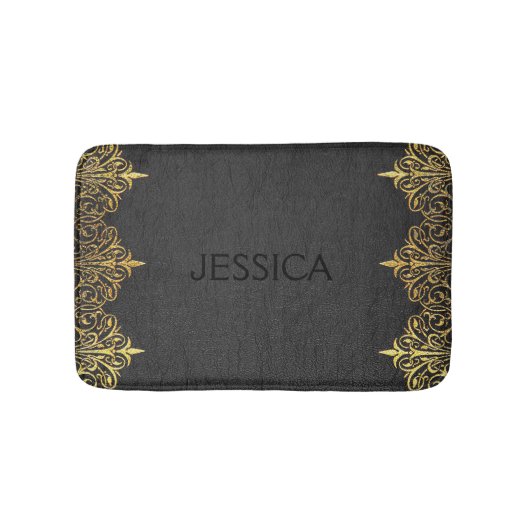 ブラックヴィンテージレザーと金ゴールドフレ渦巻形のーム バスマット (正面)