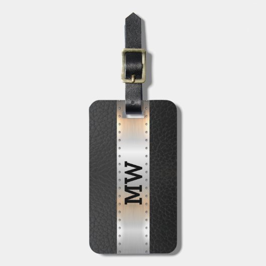 ブラックヴィンテージレザーメタリック銀ストライプ銀 ラゲッジタグ (正面縦)