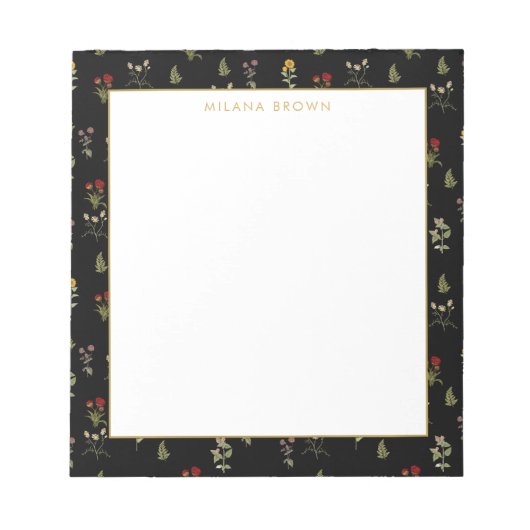 ブラックヴィンテージワイルドフラワーと金ゴールド名 ノートパッド (正面)