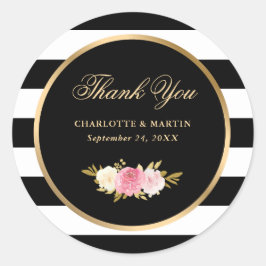 ブラックヴィンテージ水彩ピンクフローラありがとう ラウンドシール