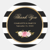 ブラックヴィンテージ水彩ピンクフローラありがとう ラウンドシール (正面)