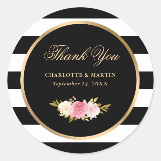 ブラックヴィンテージ水彩ピンクフローラありがとう ラウンドシール (正面)