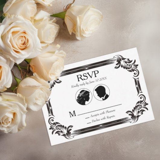 ブラックヴィンテージ結婚シルエットとタイポグラフィ 出欠カード