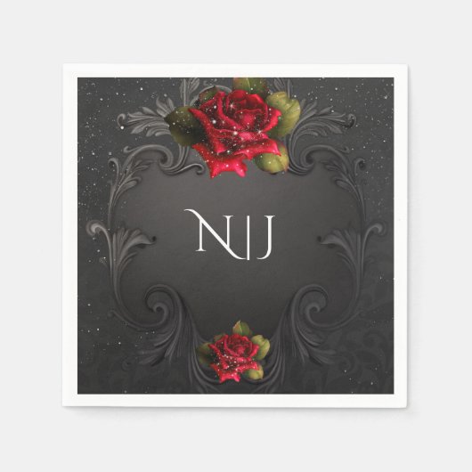 ブラックヴィンテージ装飾赤いバラ結婚ズ スタンダードカクテルナプキン (正面)