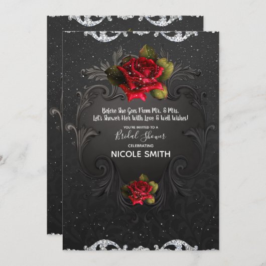 ブラックヴィンテージ装飾赤バラブライダルシャワー 招待状 (正面/裏面)