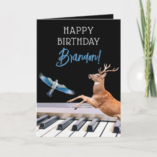 ブラックールク&ブルーアニマルピアノ誕生日 カード