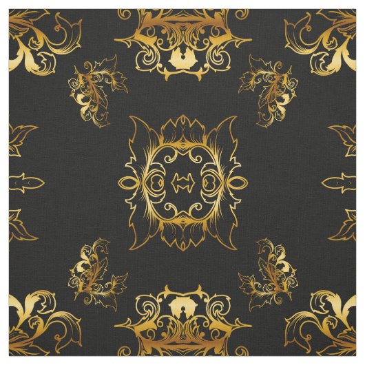 ブラック上の金属金ゴールドパターン ファブリック (見本)