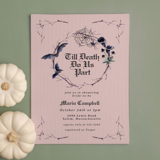 ブラック不気味ピンクハロウィーンブライダルシャワー 招待状