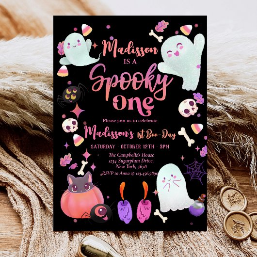 ブラック不気味ワンハロウィーン幽霊1st誕生日 招待状