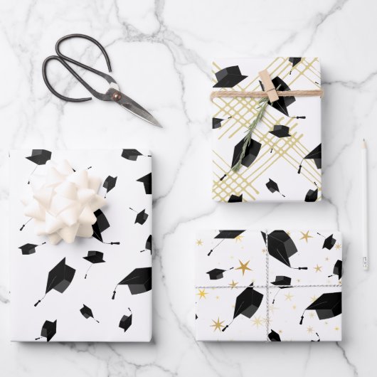 ブラック卒業キャップトスラッピング紙 ラッピングペーパーシート (正面)