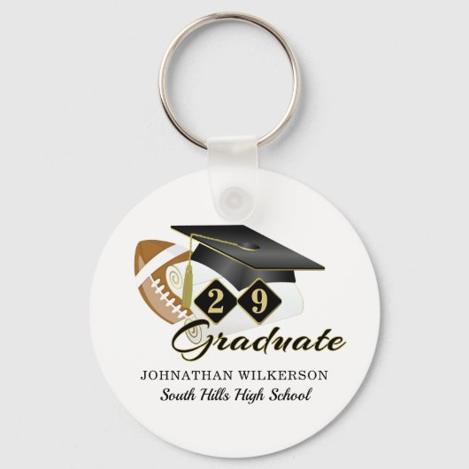 ブラック卒業キャップフットボールパーソナライズされた キーホルダー (正面)