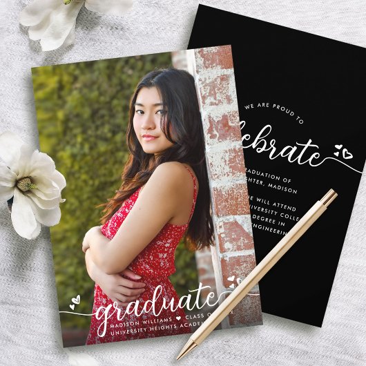 ブラック卒業写真モダン書道ハート 案内状