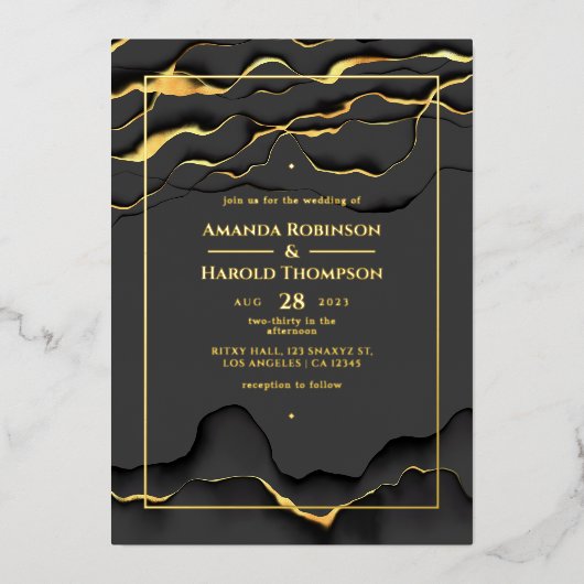 ブラック及び金ゴールドイ結婚ンクの箔招待状 箔招待状 (正面)