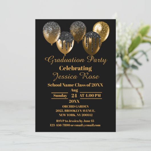 ブラック及び金ゴールドエレガント卒業招待状 招待状 (スタンド正面)