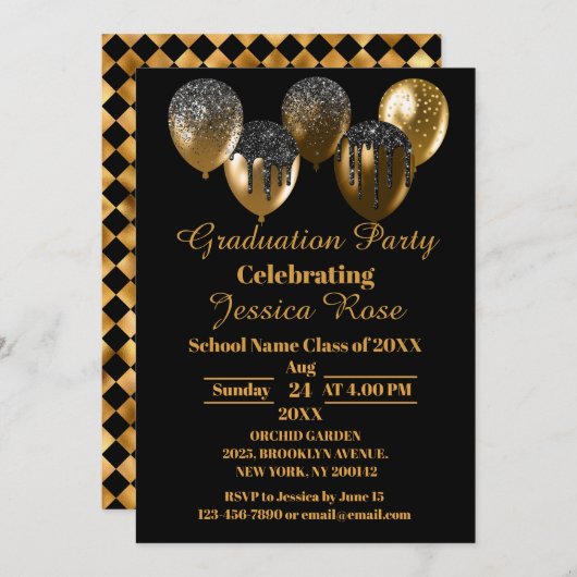 ブラック及び金ゴールドエレガント卒業招待状 招待状 (正面/裏面)