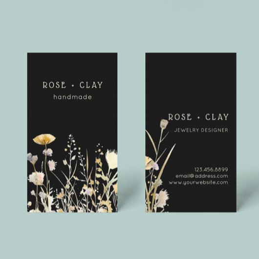 ブラック名刺の水色ワイルドフラワー