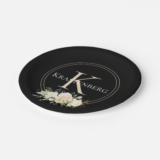ブラック名前をカスタムするモノグラムホワイトローズ ペーパープレート (アングル)