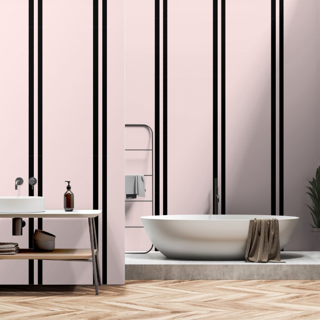 ブラック垂直ストライプオンパステルピンク 壁紙 (浴室)