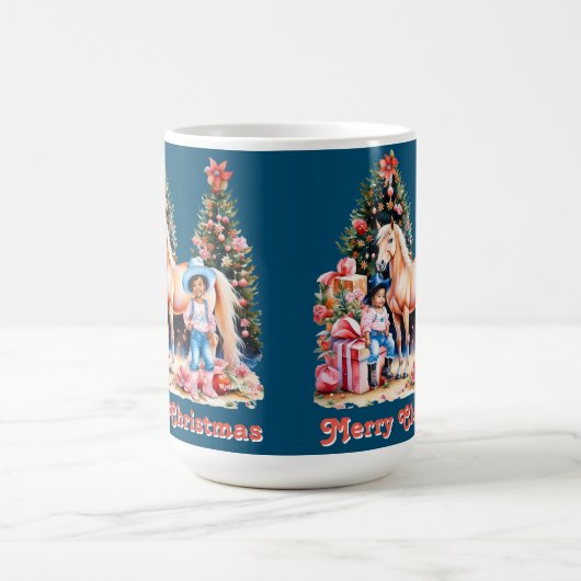 ブラック女性のカーボーイ冬のシーンホースメリークリスマス コーヒーマグカップ (中央)