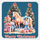 ブラック女性のカーボーイ冬のシーンホースメリークリスマス スクエアシール (正面)