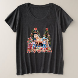 ブラック女性のカーボーイ冬のシーンホースメリークリスマス プラスサイズTシャツ
