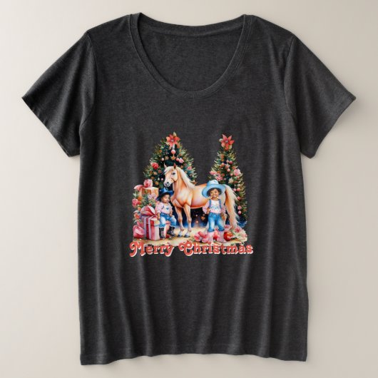 ブラック女性のカーボーイ冬のシーンホースメリークリスマス プラスサイズTシャツ (デザイン正面)