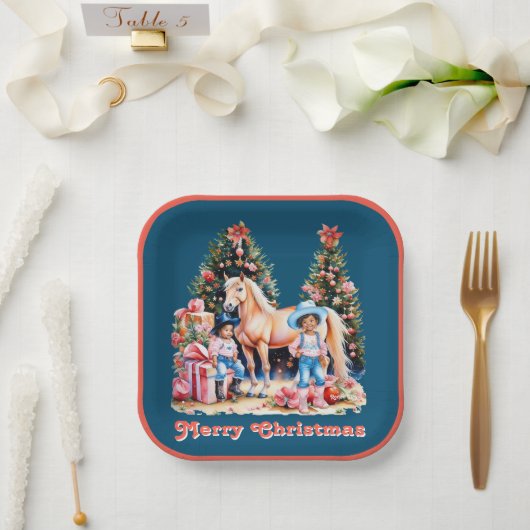 ブラック女性のカーボーイ冬のシーンホースメリークリスマス ペーパープレート (ウェディング)