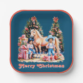 ブラック女性のカーボーイ冬のシーンホースメリークリスマス ペーパープレート (正面)