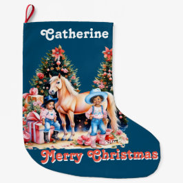 ブラック女性のカーボーイ冬のシーンホースメリークリスマス ラージクリスマスストッキング